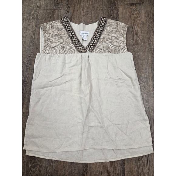 Peck & Peck 100% Linen Top Beaded Beige Tan V neck Sleeveless Blouse Shirt Small - Picture 1 of 6